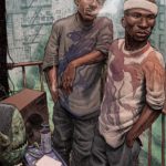 rap art illustration - two black men standing on fire escape and smoking