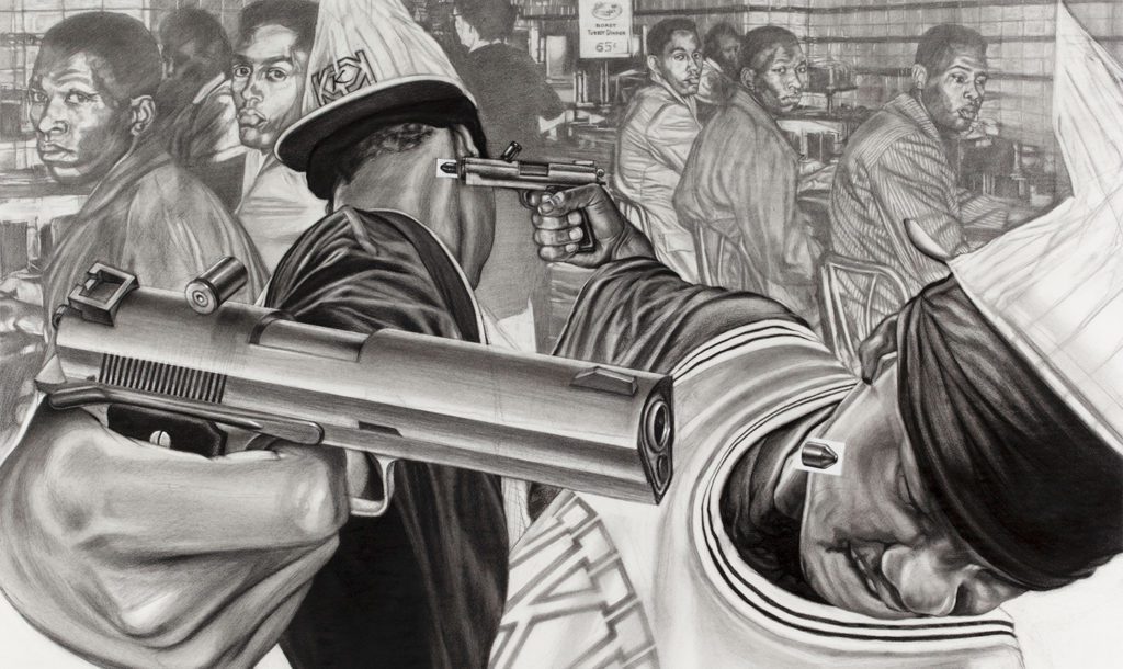 black young men shooting each other illustration