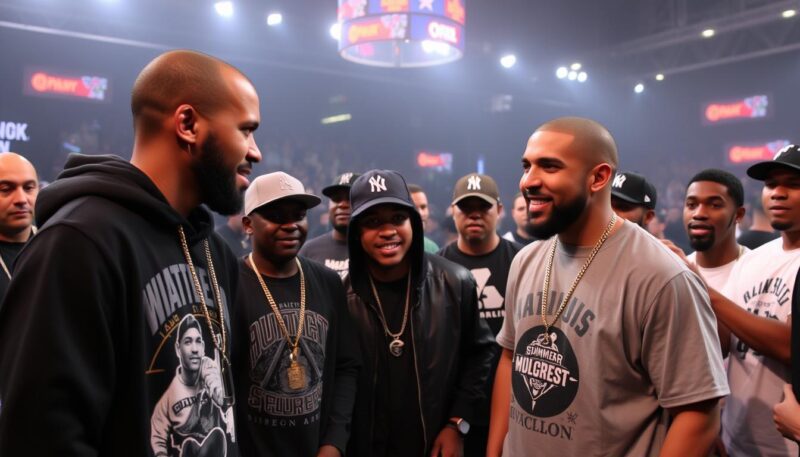 Drake hosting a high-profile battle rap event, showing celebrity involvement in the culture Drake hosting a high-profile battle rap event, showing celebrity involvement in the culture