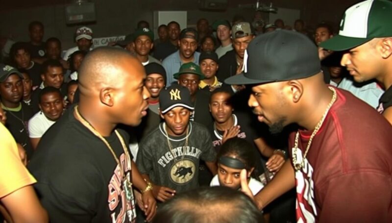 Fight Klub battle rap competition with MCs facing off in front of an energetic crowd Fight Klub battle rap competition with MCs facing off in front of an energetic crowd