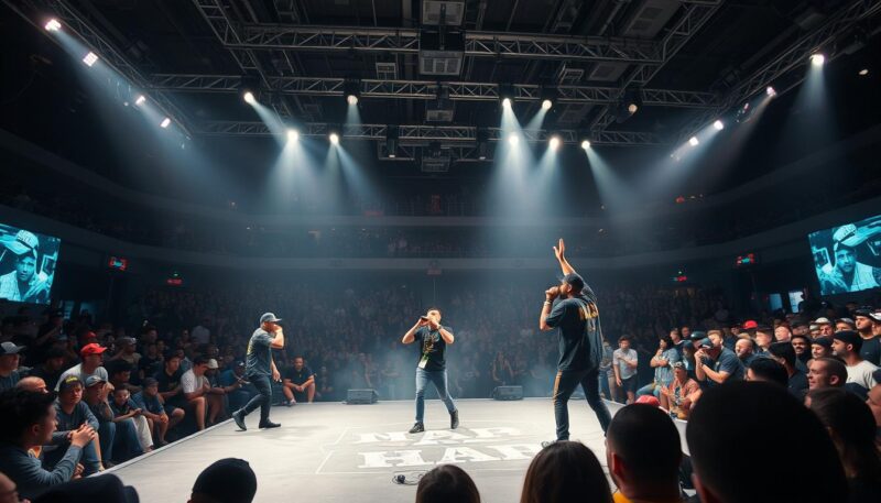 Modern battle rappers performing to a packed arena, symbolizing battle rap's evolution from street corners to mainstream stages Modern battle rappers performing to a packed arena, symbolizing battle rap's evolution from street corners to mainstream stages