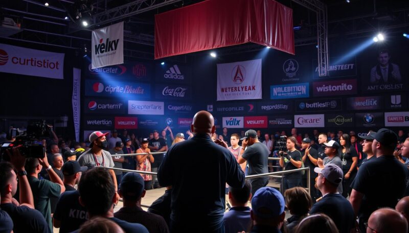 Professional battle rap event with corporate sponsorship banners and high production values Professional battle rap event with corporate sponsorship banners and high production values